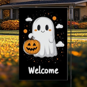 May include: A Halloween garden flag featuring a cartoon ghost holding an orange jack-o'-lantern. The ghost has a friendly expression, and the flag has the word "Welcome" at the bottom. The background is black with orange dots and white clouds.