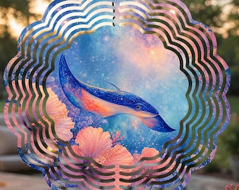 Celestial Manta Ray Wind Spinner, Pink Hibiscus Night Sky, 3D Metal Garden Art, Coastal Porch Decor