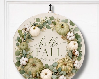Hello Fall Door Sign | Sage Green Pumpkin Fall Wreath Hanger | Farmhouse Autumn Porch Decor | Neutral Pumpkin & Eucalyptus Door Decor