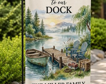Personalized Lake House Garden Flag | Custom Dock Decor | Watercolor Boat Lake Life  | Cabin Housewarming Gift | Family Name Outdoor Flag