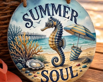 Summer Soul Seahorse Aluminum Sign, Coastal Beach House Decor, Round Nautical Metal Wall Art, Ocean Lover Gift, Outdoor Porch Sign Art