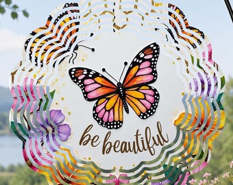 Monarch Butterfly Wind Spinner, 3D Gold Honeycomb Flowers, Cottagecore Garden Art, Positive Affirmation Gift