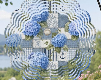 Blue Hydrangea Wind Spinner, Nautical Garden Decor, Coastal Kinetic Yard Art, Beach House Gift