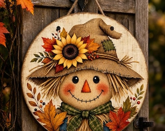 Fall Scarecrow Door Sign | Rustic Autumn Door Hanger | Round Wood Harvest Porch Decor | Sunflower Scarecrow Wall Art | Farmhouse Fall Decor