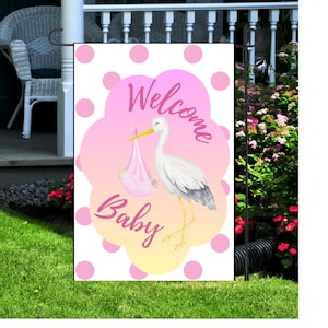 Welcome Baby Girl Garden Flag, Personalized Birth Announcement, New Baby Yard Sign, Custom Newborn Decor, Pink Outdoor Banner