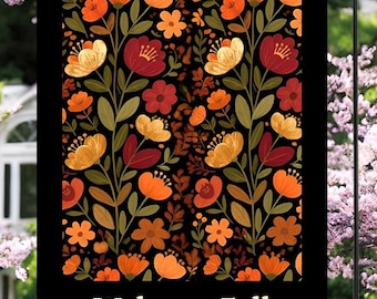 May include: A black garden flag with a floral pattern in orange, yellow, and burgundy. The flag reads "Welcome Fall" in white text. The background shows a house and blooming trees.