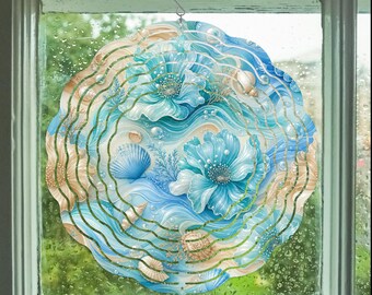 Coastal Blue Flower Wind Spinner | Seashell Ocean Kinetic Yard Art