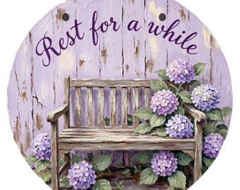 Rest For A While Garden Sign | Purple Hydrangea Bench Art, Cottagecore Decor