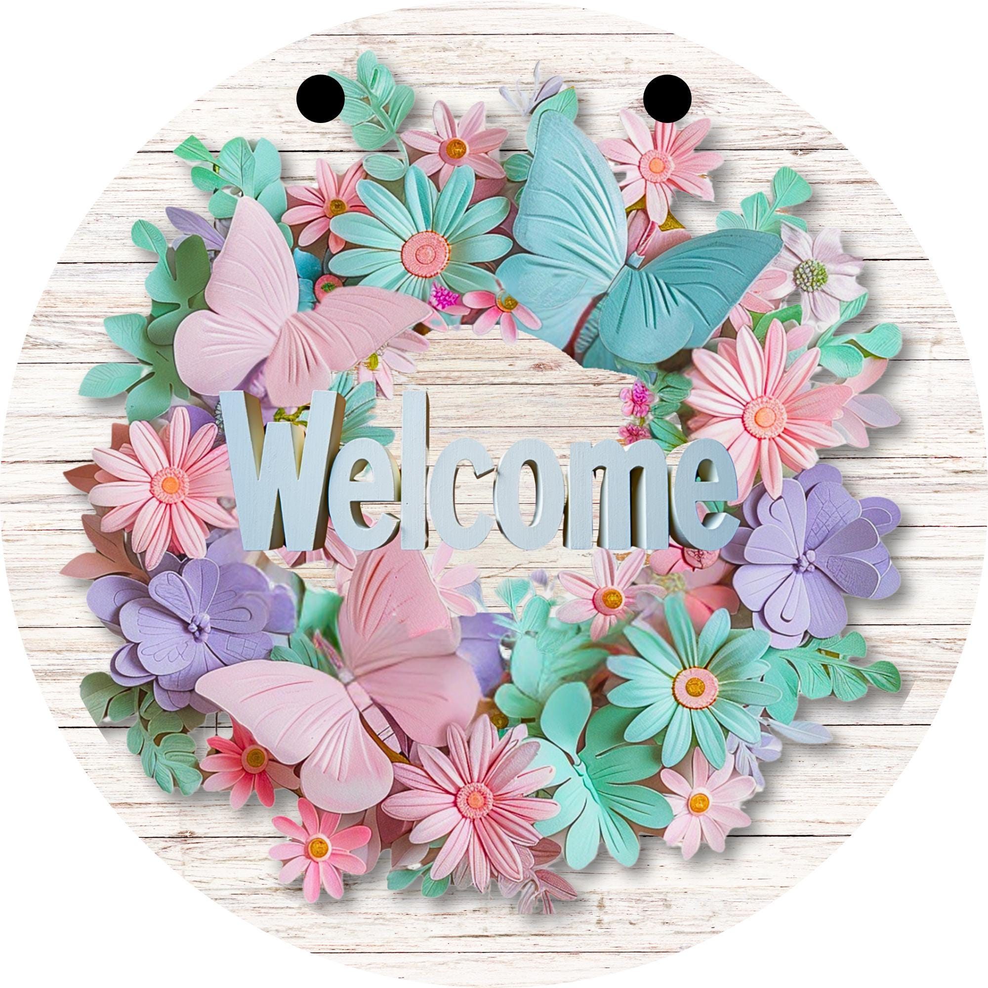 Floral Butterfly Welcome Door Sign: Colorful Spring Wreath
