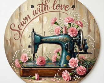 Vintage Teal Sewing Machine Floral Aluminum Sign | Cottagecore Craft Room Decor