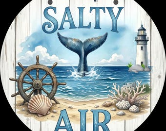 Salty Air Aluminum Door Sign, Nautical Whale Tail Lighthouse Beach Decor, Round Metal Ocean Wall Art