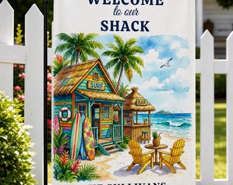 Custom Beach House Garden Flag | Personalized Tropical Surf Shack Yard Decor | Coastal Welcome Flag | Summer Tiki Bar Outdoor Sign
