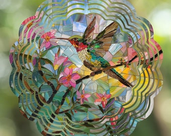 Hummingbird Wind Spinner: Stained Glass Look Metal Garden Art