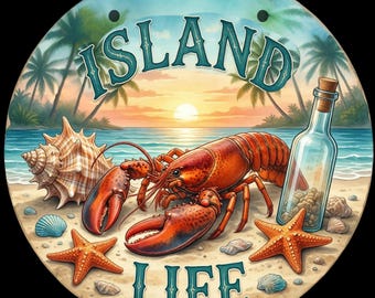 Island Life Aluminum Door Sign, 10 Inch Tropical Lobster Beach Decor, Nautical Front Door Hanging