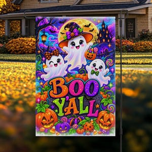 Boo Y'all Garden Flag | Cute Ghost Halloween Flag | Southern Halloween Yard Flag | Colorful Pumpkin Candy Flag | Double Sided