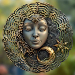 May include: A circular wall decor with a gold and silver design. The center features a woman's face with closed eyes, surrounded by intricate floral patterns. A crescent moon and stars are visible on the right side of the design.