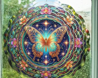 Butterfly Mandala Wind Spinner | Cosmic Garden Decor, Metal Yard Art, Kinetic Spinner