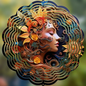 Celestial Face Wind Spinner | Metal Garden Art Sculpture | Outdoor Mythical Kinetic Decor