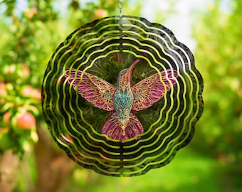 Filigree Hummingbird Metal Wind Spinner, Teal Pink Gold Garden Yard Art