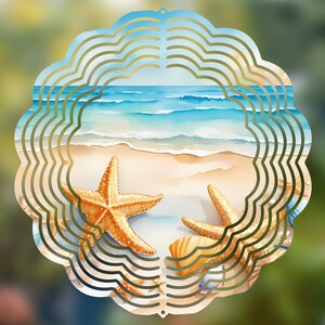 May include: A metal wind spinner with a beach scene featuring blue water, white waves, and sand. Two starfish and seashells are on the sand. The wind spinner has a circular shape with multiple layers.