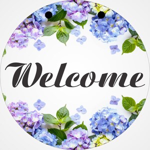 Hydrangea Welcome Door Sign: Floral Wreath, Aluminum Spring Summer Decor