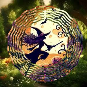 May include: A silhouette of a witch on a broomstick, set against a full moon and swirling decorative elements. The image is framed by a layered, wavy border with green, orange, and purple hues, set against a blurred forest background.