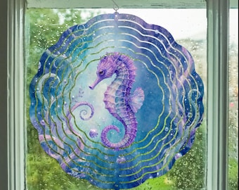 Celestial Seahorse Wind Spinner, Galaxy Ocean Yard Art, Purple Watercolor Beach Decor, Kinetic Metal Garden Gift
