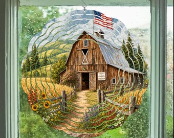 American Flag Barn Wind Spinner, Sunflower Wheat Field, Rustic Farmhouse Decor, Patriotic Gift
