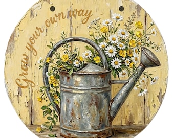 Round Aluminum Sign, Rustic Watering Can Daisies, Farmhouse Floral Wall Art