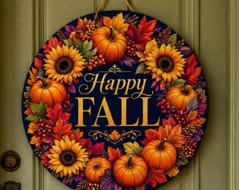 Happy Fall Door Sign | Autumn Pumpkin Wreath Door Hanger | Sunflower Fall Porch Decor | Harvest Home Decoration | Thanksgiving Door Decor