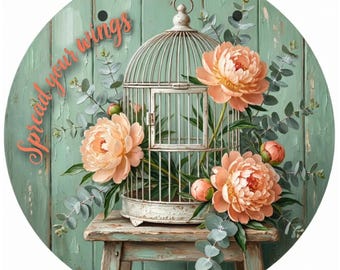 Floral Birdcage Aluminum Sign | Peony Eucalyptus Botanical Decor (10x10 Inch)