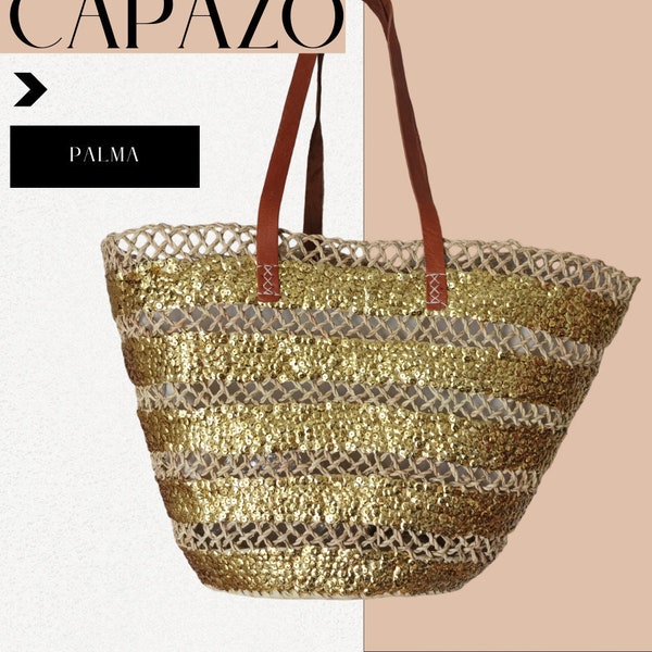 Bolso de playa, Capazo de palma para verano, bolsa de paja hecha a mano con lentejuelas y correa de cuero.