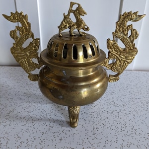 Really Cool Vintage Asian Brass Fu Dog and Dragon Incense holder - burner - altar -