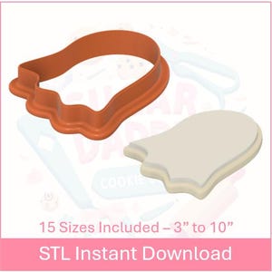 May include: Orange plastic cookie cutter shaped like a ghost with a scalloped edge. The cutter is shown next to a white plastic mold of the same shape. The text "15 Sizes Included - 3" to 10"" and "STL Instant Download" are visible below the image.
