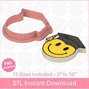 以下が含まれることがあります： 卒業帽子のクッキーカッターの3Dプリント可能なSTLファイルです。カッターは、卒業帽をかぶった笑顔の顔の形をしています。画像には、「15サイズが含まれています - 3インチから10インチ」と「STLインスタントダウンロード」というテキストが含まれています。
