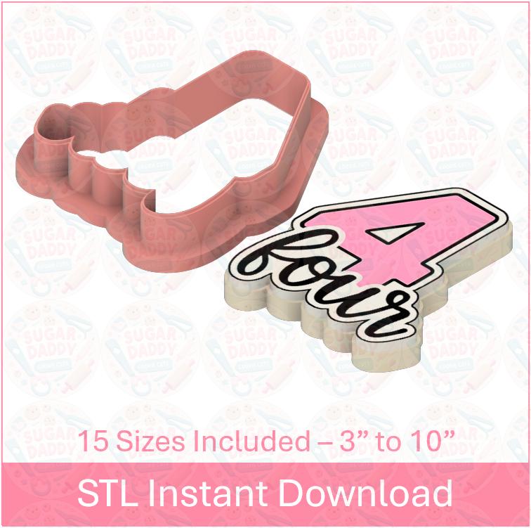誕生日の数字4と筆記体のクッキーカッターSTLファイルの即時ダウンロード
