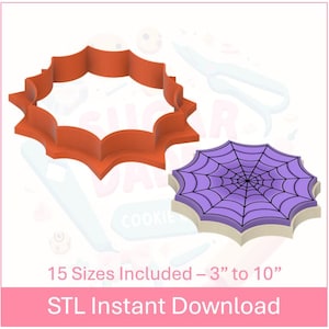May include: Two 3D printed cookie cutters, one shaped like a spider web and the other shaped like a starburst. The spider web cutter is purple and the starburst cutter is orange. The text "15 Sizes Included - 3" to 10" and "STL Instant Download" is at the bottom of the image.
