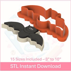 Puede incluir: Un cortador de galletas de murciélago impreso en 3D con una cara sonriente. El cortador es naranja y viene en 15 tamaños de 3 a 10 pulgadas. Descarga instantánea STL.