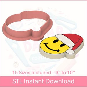 Könnte beinhalten: Ein 3D-gedruckter Ausstecher in Form eines lächelnden Gesichts mit einem Weihnachtsmann-Hut. Der Ausstecher ist rosa und weiß. 15 Größen enthalten - 3" bis 10". Sofortiger STL-Download.