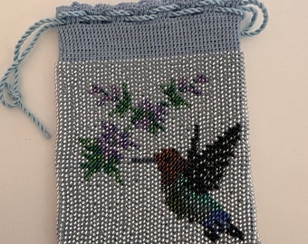 Crocheted Beaded Bag with Hummingbird