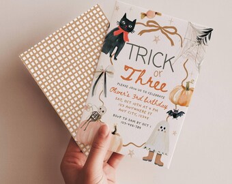 Editable Trick or Three Halloween 3rd Birthday Invitation, Spooky Hand Drawn Retro Orange Pumpkin Invite, Boo Day, Canva Template