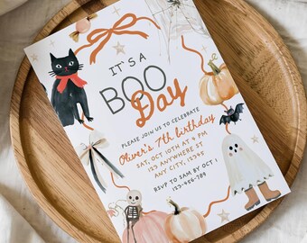 Editable Boo Day Halloween Birthday Invitation, Vintage Hand Drawn Orange Pumpkin Invite, Spooky Vibes, Canva Template