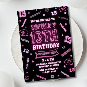 Neon Pink 13. Geburtstag Mädchen Einladung, Dreizehn Geburtstag einladen, 13.Geburtstag einladen, Lets Glow Crazy, Glow Party, Digital Download Canva