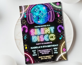 Editable Silent Disco Party Birthday Invitation, Silent Disco Gender Neutral Invite, Dance Party Template, Lets Glow Crazy, Glow in the dark