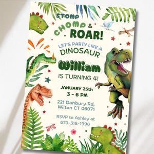 Editable Dinosaur Birthday Invitation, Dino Invite, Stomp Chomp Roar Jurassic Party, T-Rex Birthday, Digital image 3