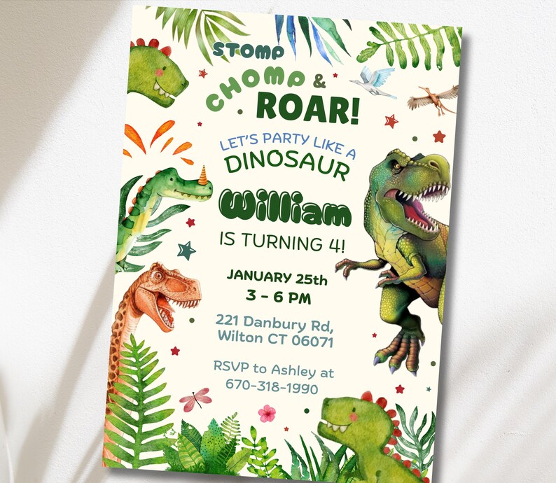 Editable Dinosaur Birthday Invitation, Dino Invite, Stomp Chomp Roar Jurassic Party, T-Rex Birthday, Digital image 3