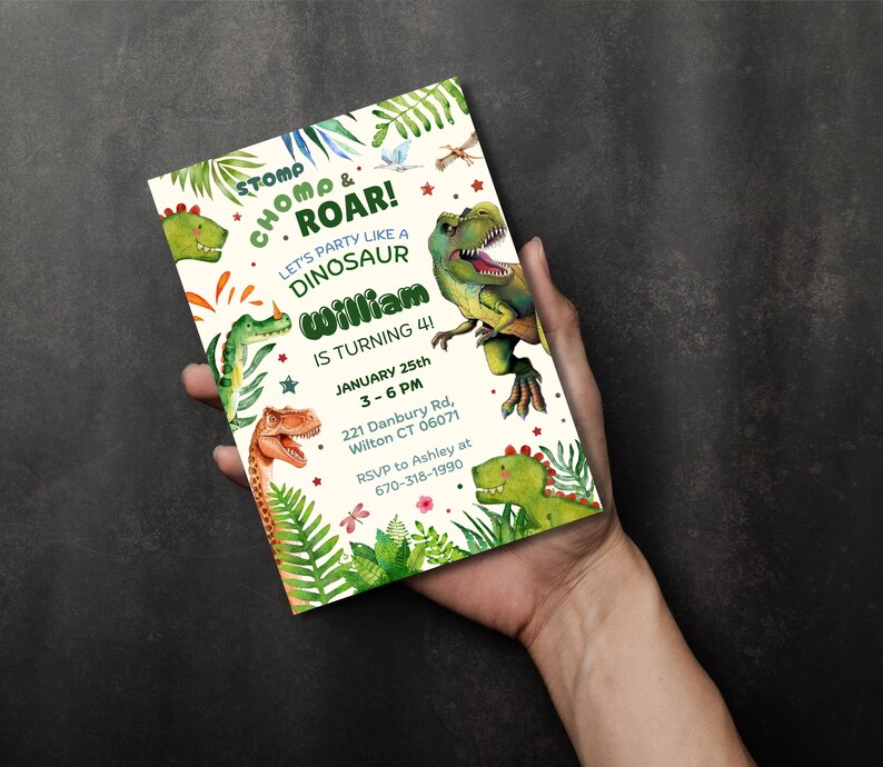 Editable Dinosaur Birthday Invitation, Dino Invite, Stomp Chomp Roar Jurassic Party, T-Rex Birthday, Digital image 4