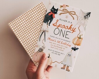 Editable Spooky One Halloween 1st Birthday Invitation, Hand Drawn Retro Orange Pumpkin Invite, First Boo Day, Digital Canva Template