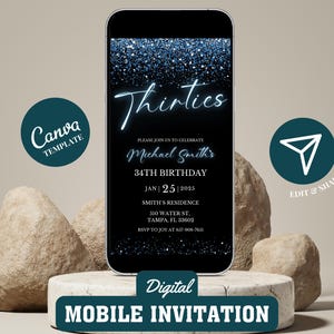 Faire-part d'anniversaire mobile pour adulte 30e, invitation bleu néon des années 30, message texte téléphone Evite, carte minimaliste pour homme, modèle de toile numérique