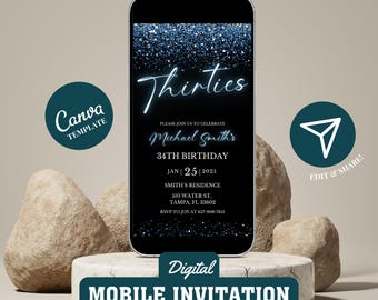 Faire-part d'anniversaire mobile pour adulte 30e, Evite de téléphone SMS bleu néon des années 30, téléchargement numérique